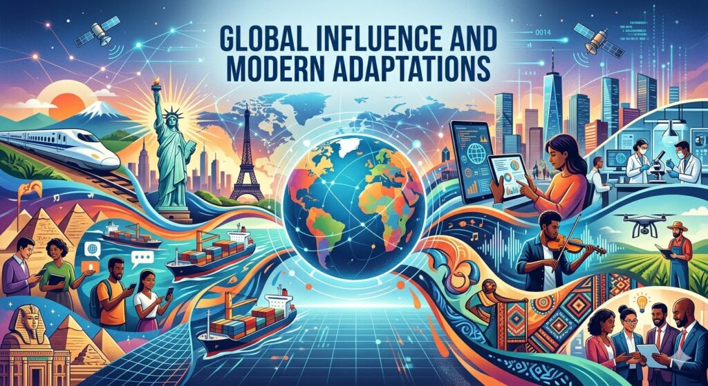 Global collage showing a glowing digital globe connected by light paths to modern technology, international landmarks, shipping vessels, and diverse professionals collaborating in a vibrant, fluid graphic style.
