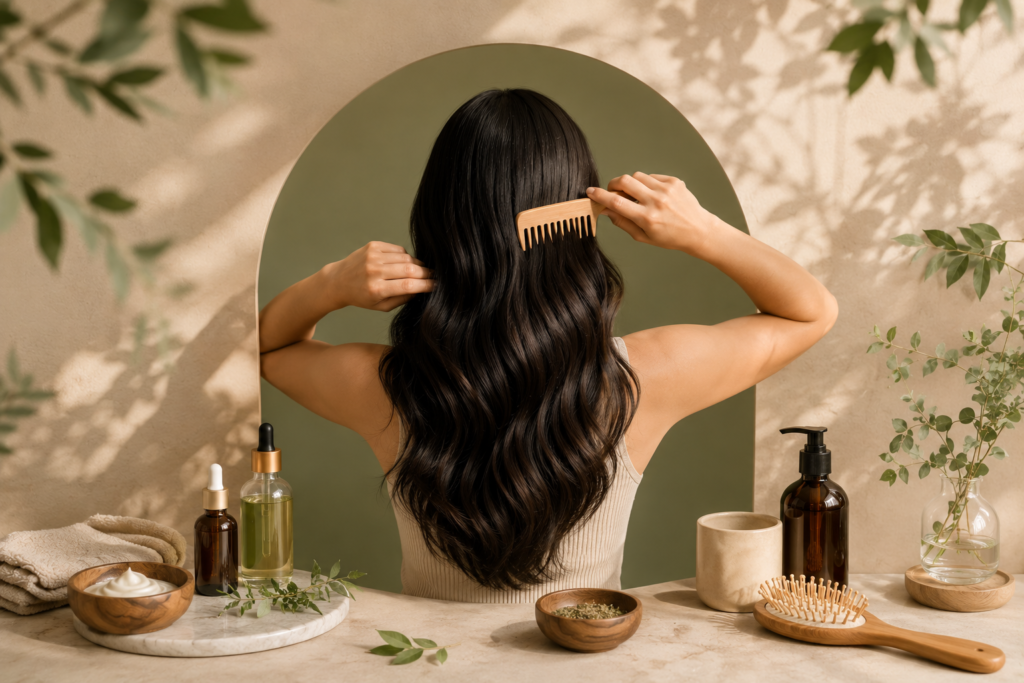 Woman combing long healthy hair with natural hair care products in a warm spa-inspired beauty setting.