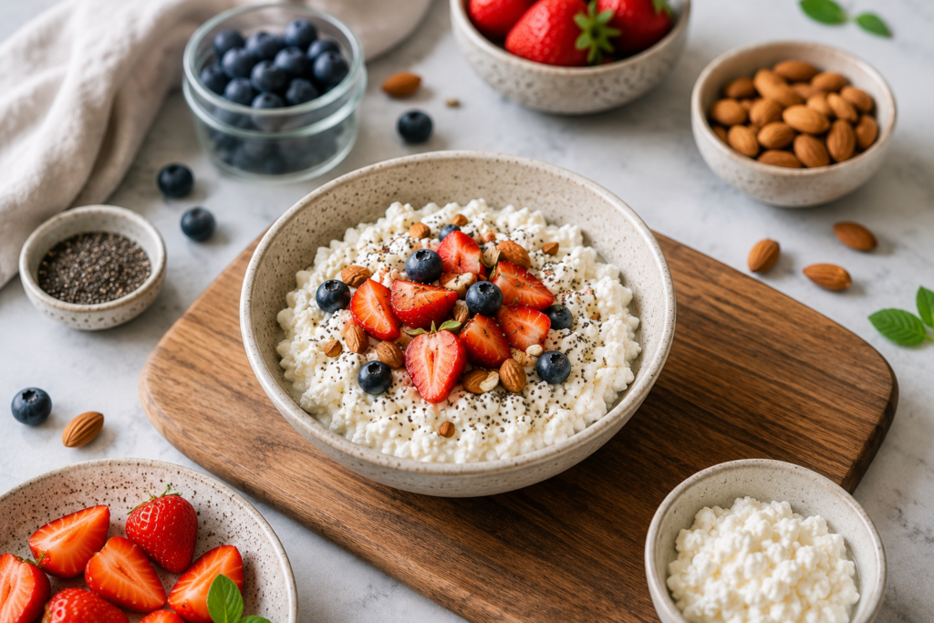 Minimalist high protein cottage cheese recipes bowl with berries nuts and seeds for healthy weight loss meals