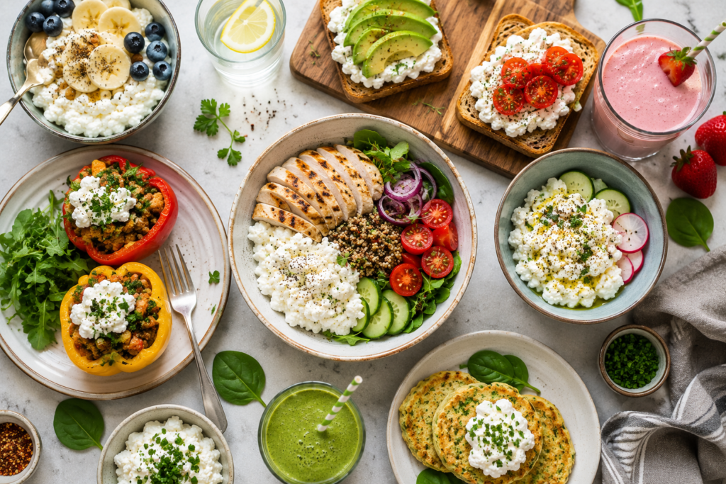 Top view of high protein cottage cheese recipes with healthy meals including chicken vegetables smoothies and breakfast ideas for weight loss