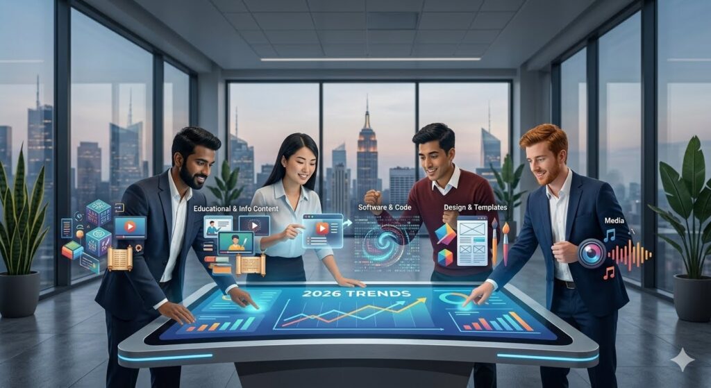 A clean, textless 2D flat vector illustration of a professional entrepreneur standing next to a large presentation screen displaying a subtle outline of the USA map. Three glowing transparent option icons float above, representing decision-making factors like market research, profitability, and customer demand in a modern office setup.