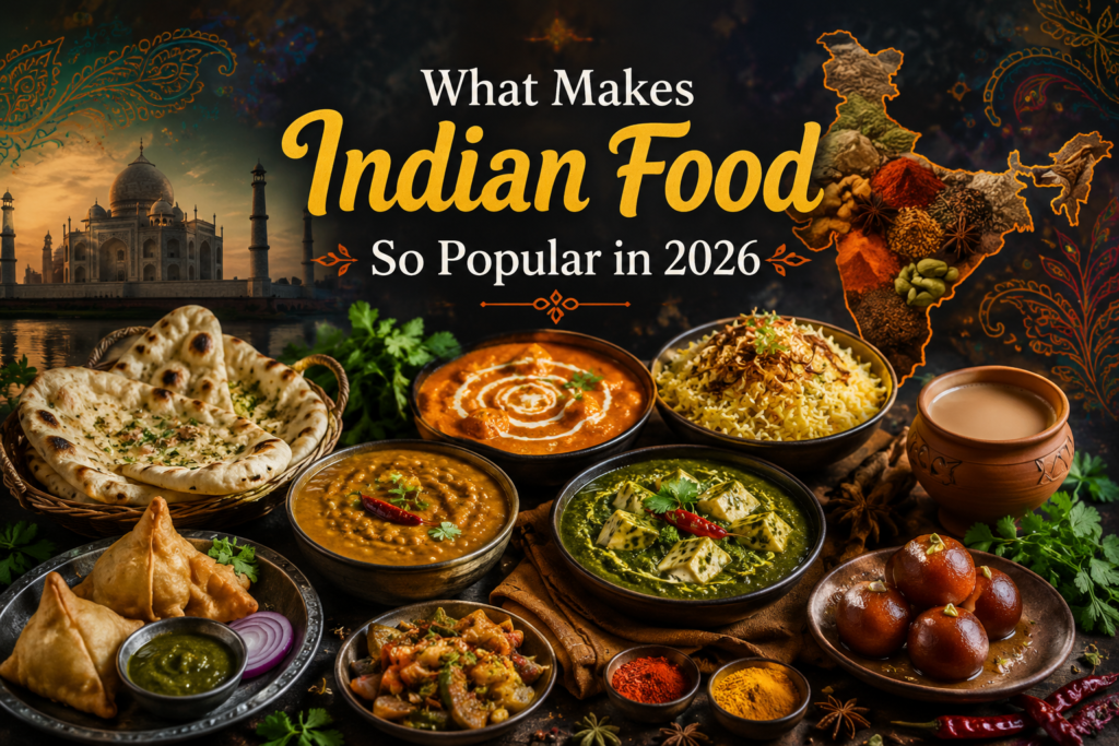 Delicious Indian food spread featuring Most Popular Indian foods like naan, curry, biryani, samosas, chai, and traditional spices representing the growing global popularity of Indian cuisine in 2026.