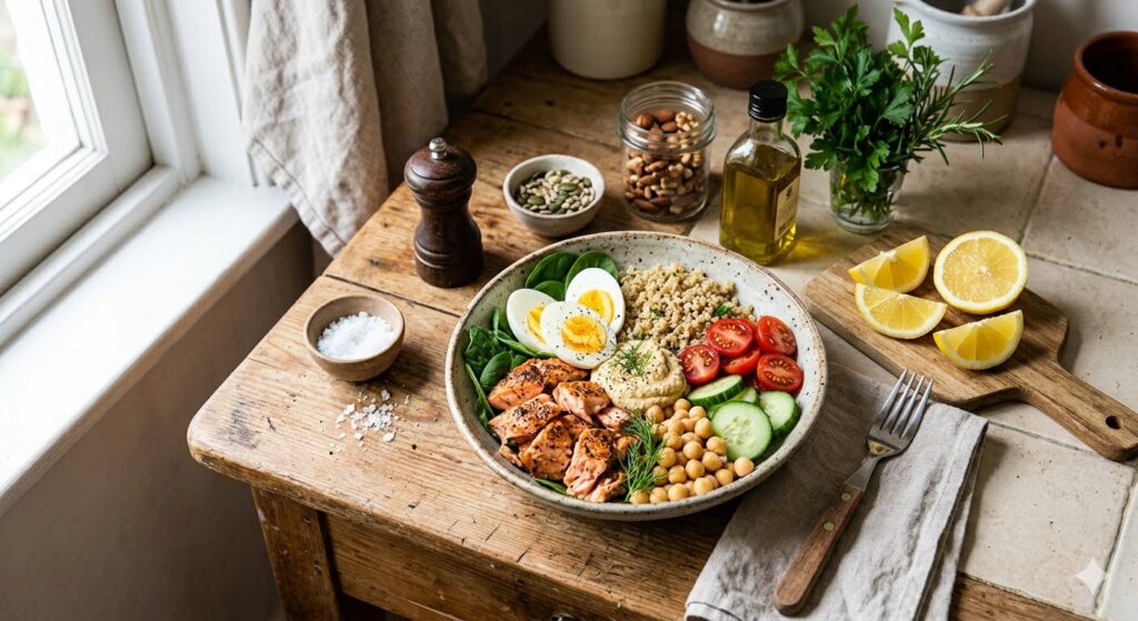 A dynamic close-up of a high-protein meal prep bowl filled with sliced grilled chicken breast, a soft-boiled egg with a jammy yolk, fresh edamame beans, avocado, and leafy greens on a bright kitchen counter.
