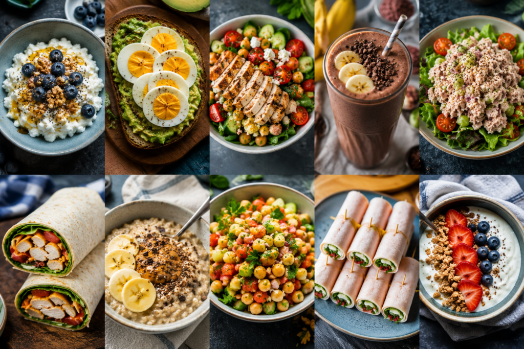 lazy high-protein meals collage with quick and easy recipes for healthy eating
