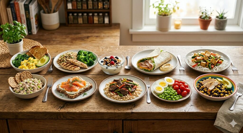 A variety of ten quick and easy high-protein meals displayed on a wooden kitchen table, including eggs, chicken wrap, salmon toast, yogurt bowl, and healthy salads, perfectly suited for a lazy cooking routine.

