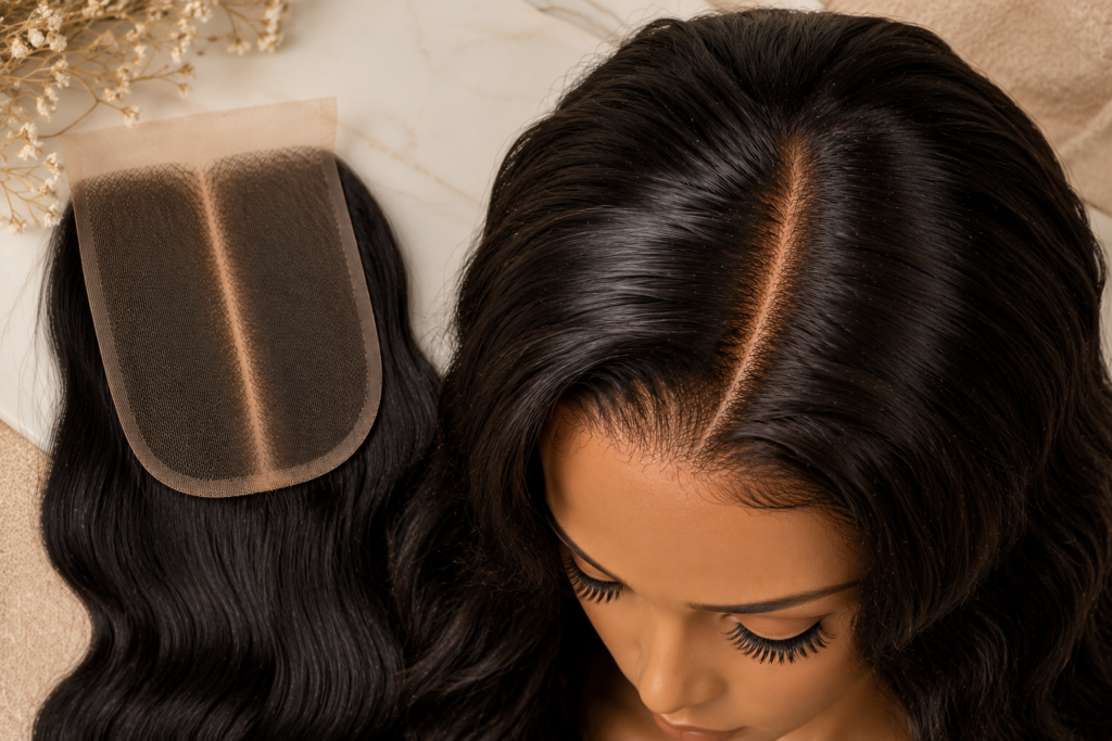 Premium beauty-style image of a 2x6 lace closure with deep wavy black hair, realistic scalp parting, and natural lace blending in a soft neutral aesthetic setting.