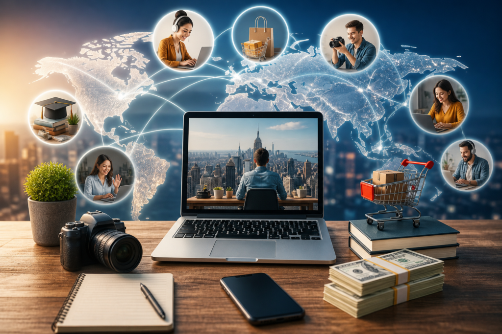 A modern workspace with a laptop showing global connections, surrounded by elements like camera, books, money, and digital icons representing freelancing, online business, and worldwide income opportunities