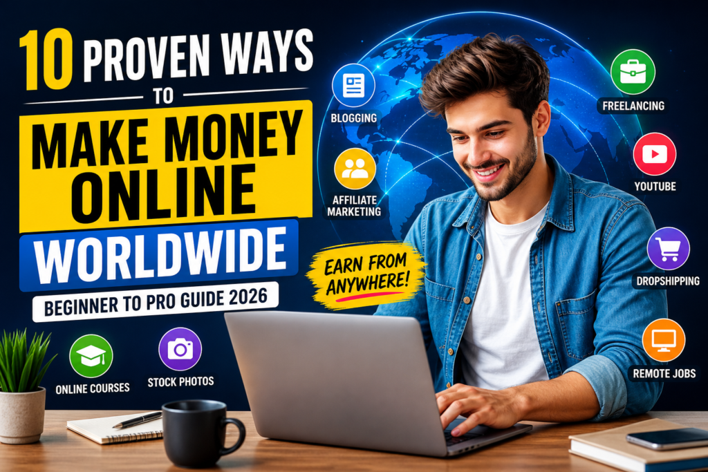 10 proven ways to make money online worldwide 2026 guide illustration with freelancing blogging and remote income concepts