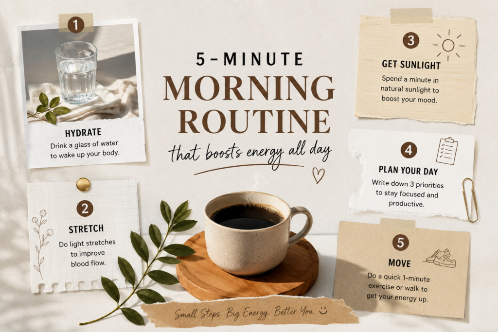 Minimalist collage-style morning routine poster featuring hydration, stretching, sunlight, planning, and movement for boosting daily energy and productivity.