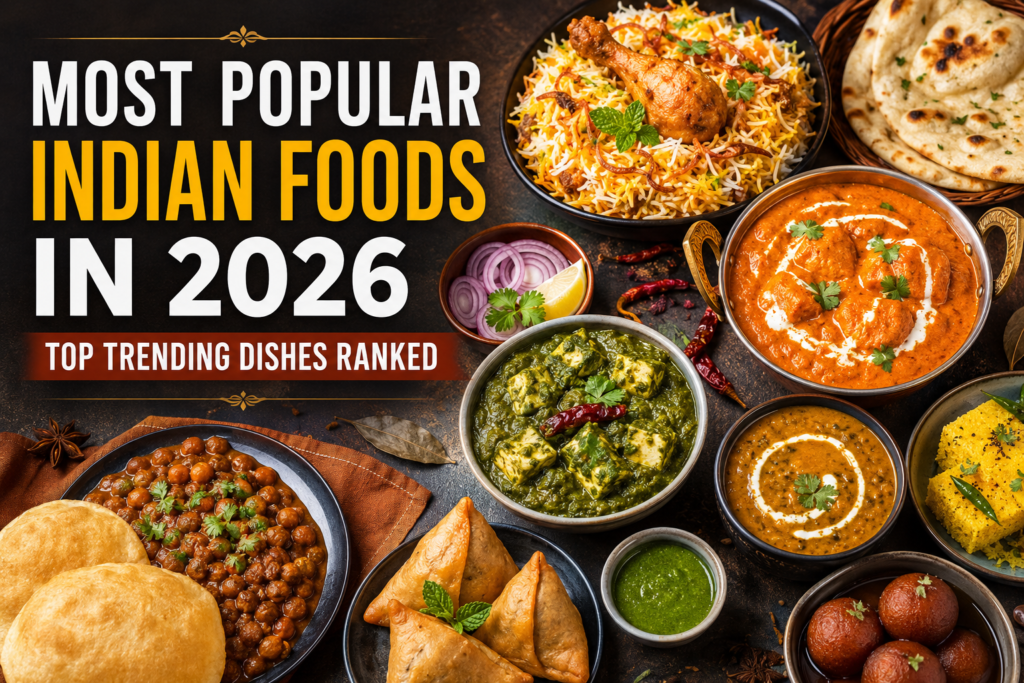 Featured image showing popular Indian foods in 2026 including biryani, butter chicken, samosas and other trending dishes arranged in a vibrant food layout