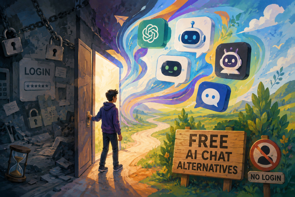 Creative illustration of a person opening a door from a locked login environment into a bright world of free AI chatbot alternatives, symbolizing no-signup access and digital freedom.