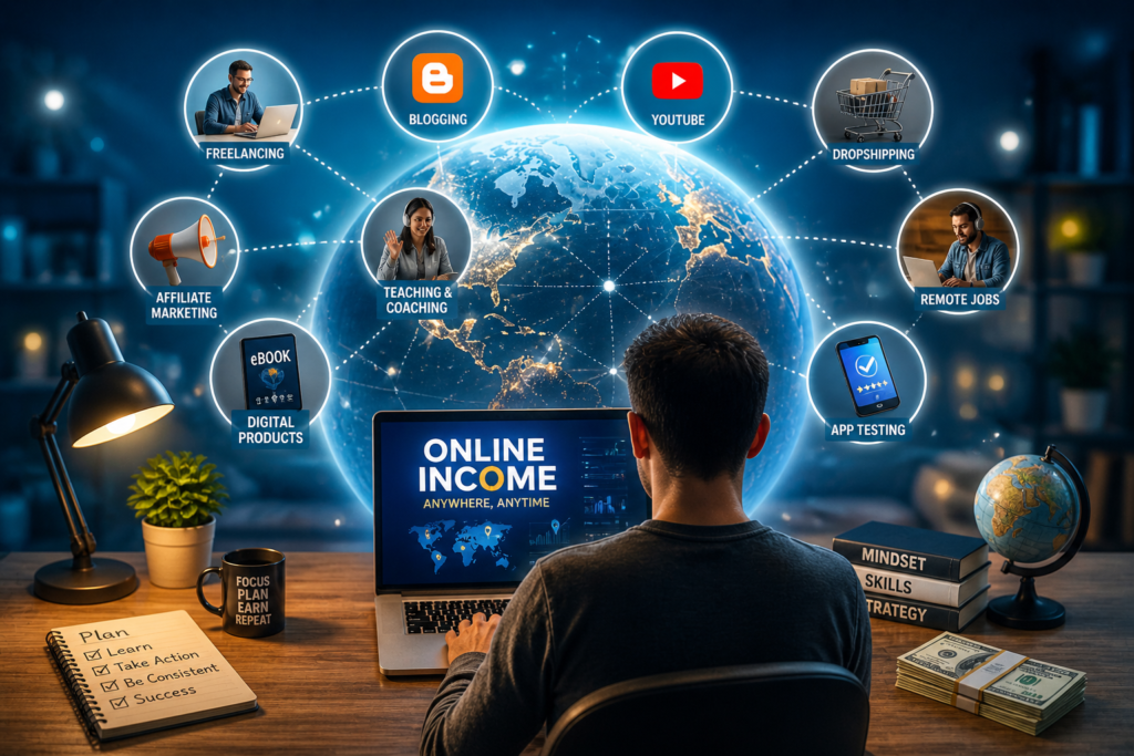 A person working on a laptop with a glowing global network and icons representing freelancing, blogging, YouTube, dropshipping, affiliate marketing, and online income opportunities worldwide