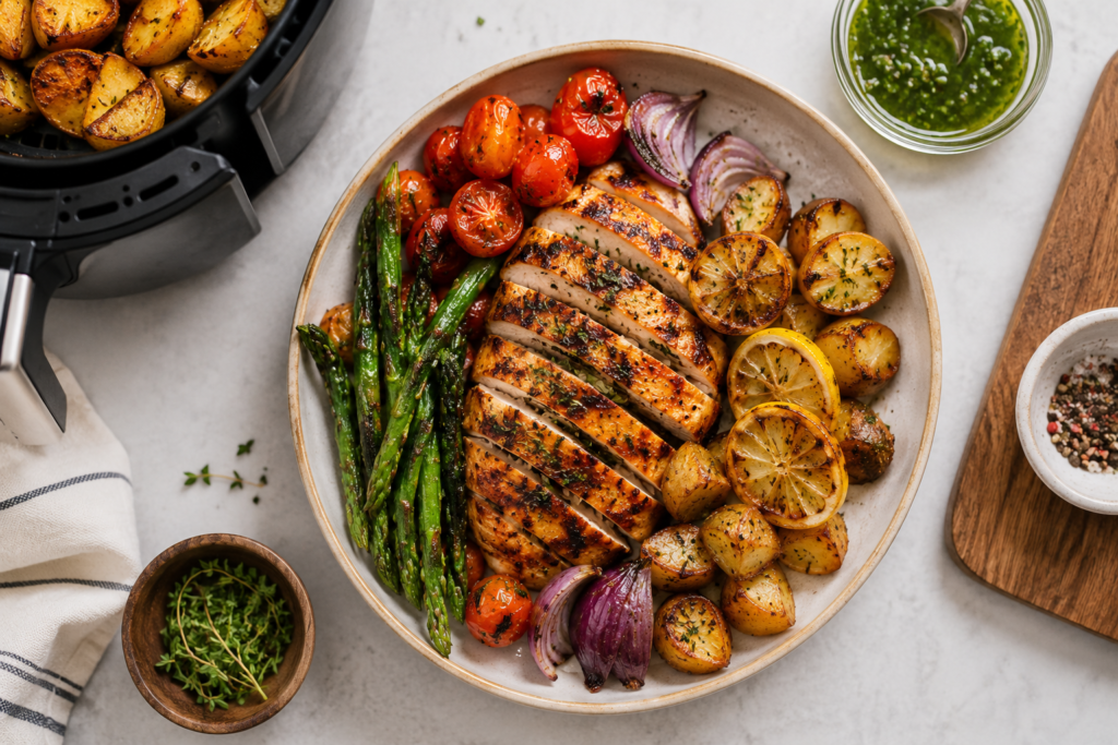 Quick air fryer dinner recipes with grilled chicken and roasted vegetables in a healthy bowl