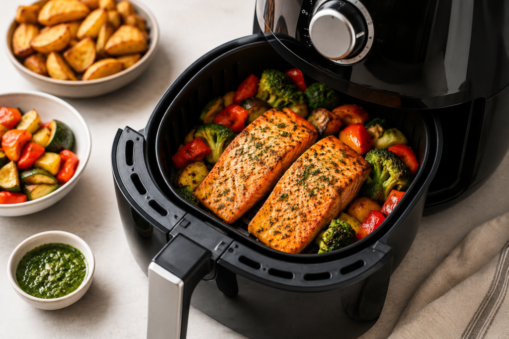 Quick air fryer dinner recipes featuring salmon and roasted vegetables cooked in air fryer