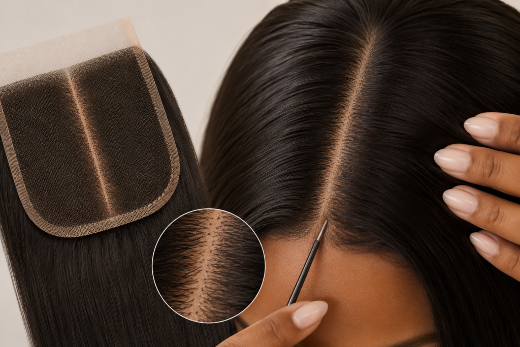 Close-up view of a realistic 2x6 lace closure showing a natural-looking middle hair part with smooth silky black hair and visible scalp detail.