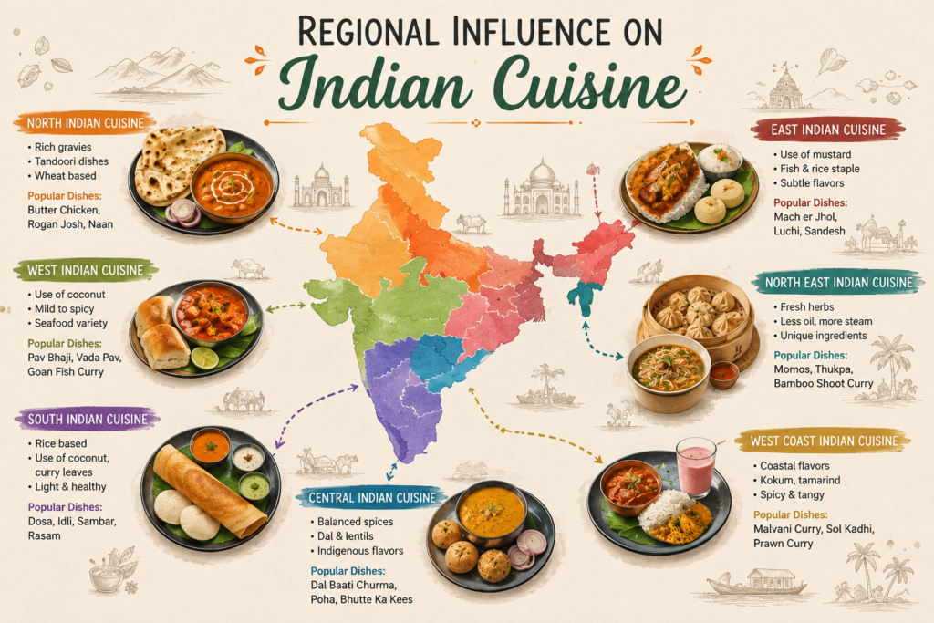 Colorful illustrated map of India showing the regional influence on Indian cuisine with different traditional dishes, spices, and food styles from North, South, East, West, and Northeast India.
