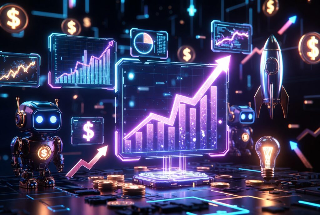 Smart Business Ideas in 2026 - Futuristic neon business concept with AI, growth charts and money symbols