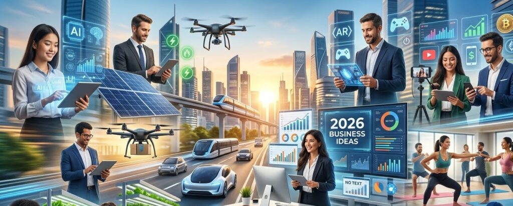A collage showing innovative business ideas in 2026, including AI technology, renewable energy, drone delivery, vertical farming, and digital content creation in a modern city.