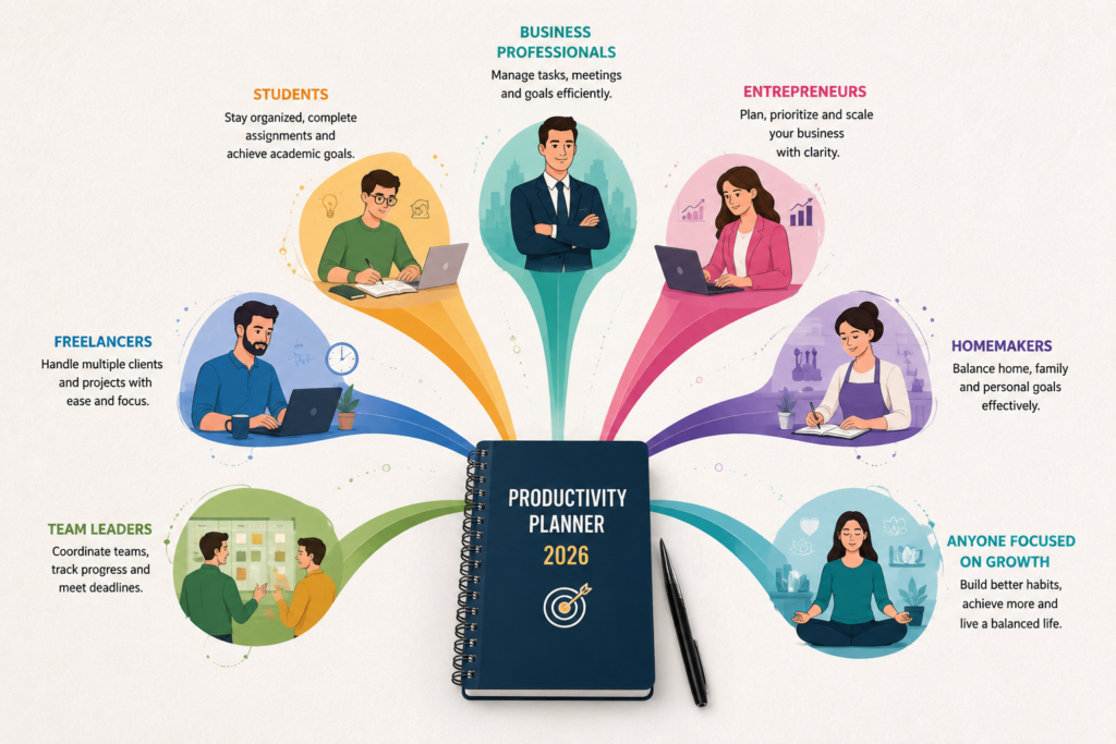 Creative infographic showing different people including students, freelancers, entrepreneurs, professionals, and homemakers using a productivity planner to organize tasks and goals.
