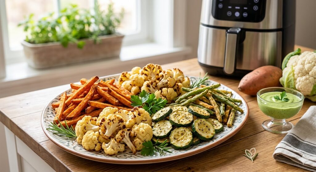 A stainless steel air fryer on a wooden counter next to a large ceramic platter filled with oil-free snacks including sweet potato fries, roasted cauliflower florets, green beans, and zucchini slices, served with a side of green avocado dip.