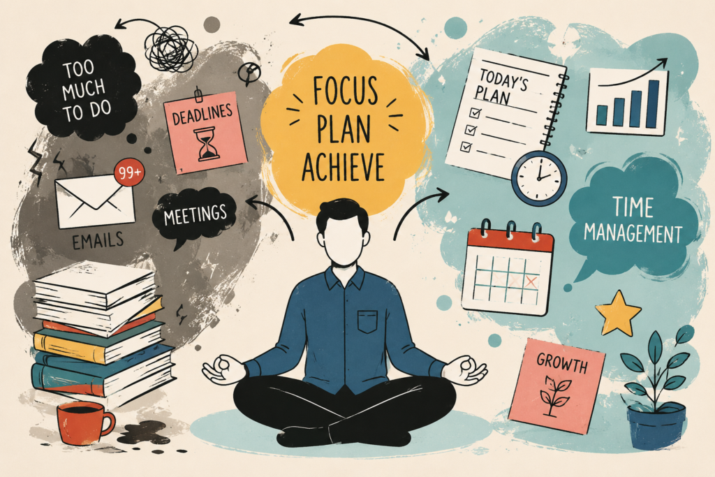 Creative illustration showing a calm professional balancing work stress and organized productivity planning with focus, time management, goals, and growth elements.