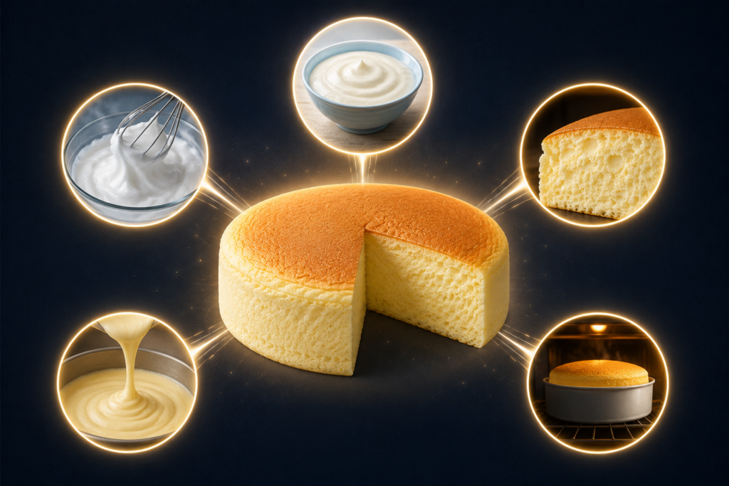 Creative visual explaining 5 Shocking Reasons This Hack Actually Works, featuring a fluffy Japanese-style cheesecake surrounded by key preparation and texture elements that contribute to its success.