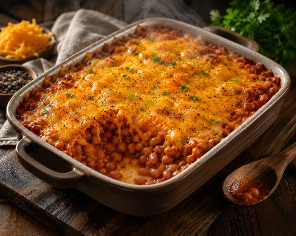 Budget viral pasta dishes inspired baked bean and cheddar bake with melted golden cheese, protein-rich beans, and a hearty oven-baked texture served in a rustic casserole dish.