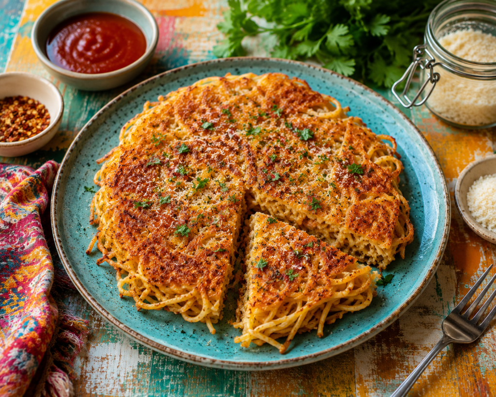 Budget viral pasta dishes featuring crispy leftover fried spaghetti cooked until golden brown and crunchy, served as a creative zero-waste meal with simple pantry ingredients.