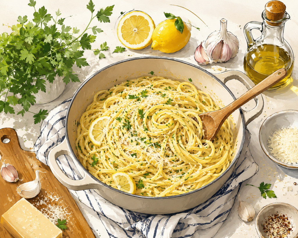 Budget viral pasta dishes featuring a creamy one-pot lemon garlic butter pasta made with simple ingredients, fresh lemon slices, garlic, and Parmesan cheese in a cozy kitchen setting.