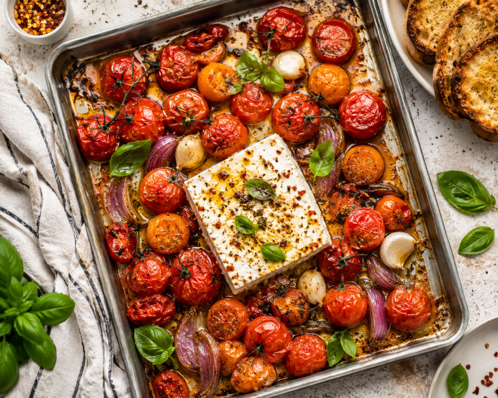 Budget viral pasta dishes featuring sheet-pan roasted feta and juicy cherry tomatoes baked until caramelized, creating a creamy and flavorful pasta-inspired meal with fresh basil.