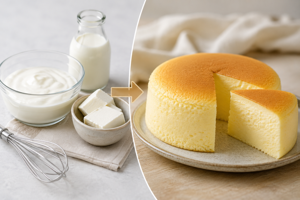 Japanese Yogurt Cheesecake Hack featuring a light, fluffy Japanese-style cheesecake made from yogurt and simple ingredients, sliced and served on a plate.