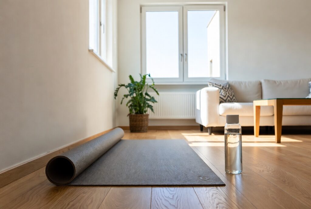Bright modern living room with a grey rolled-out yoga mat on wooden floor, a clear water bottle nearby, green houseplant, and sunny window in the background. Clean and minimalist atmosphere.