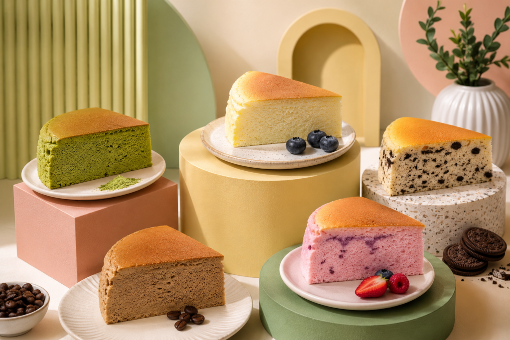 A collection of Japanese Yogurt Cheesecake Hack variations featuring different flavors, including berry, matcha, coffee, and cookies-and-cream cheesecakes displayed on decorative pedestals.