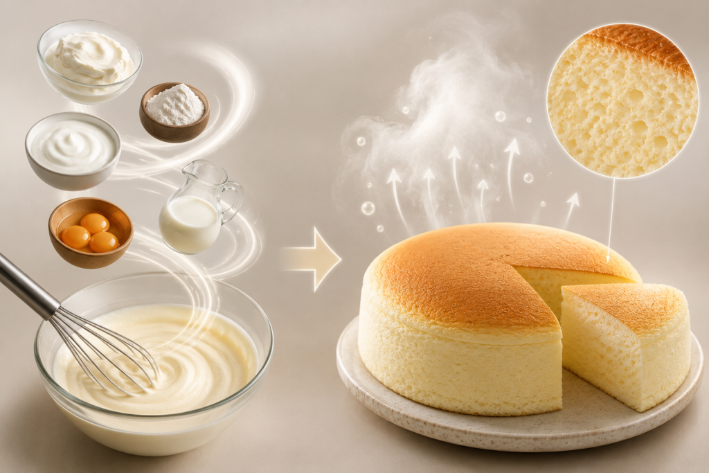 Illustration showing why the Japanese Yogurt Cheesecake Hack works, with simple ingredients blending into a light, fluffy cheesecake featuring an airy texture and soft rise.