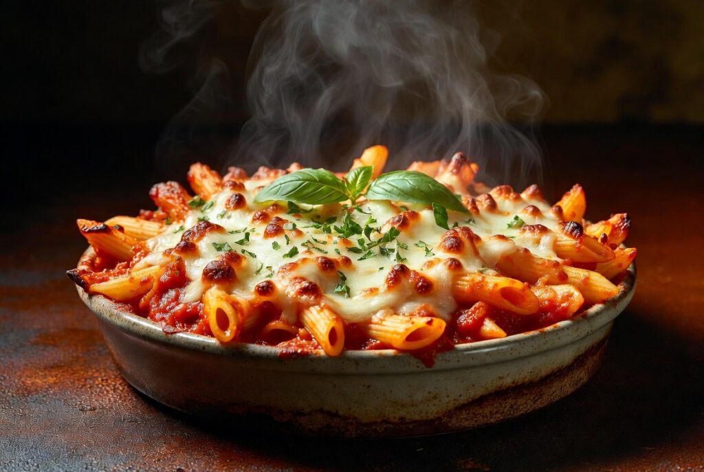 Delicious Air Fryer Pasta Bake with golden bubbly cheese and fresh herbs - Easy Air Fryer Dinner Recipes