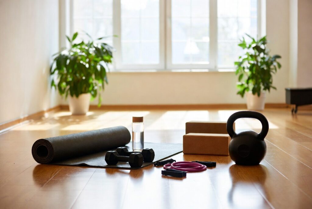 Benefits of Home Bright modern home workout space with yoga mat, dumbbells, resistance bands, kettlebell and fitness equipment arranged on wooden floor. Sunny natural light, green plants, clean and motivational atmosphere.
