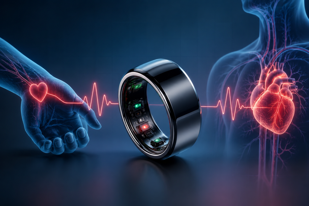 Best Blood Pressure Tracking Rings showing a modern smart ring measuring heart rate and blood pressure with advanced health monitoring technology