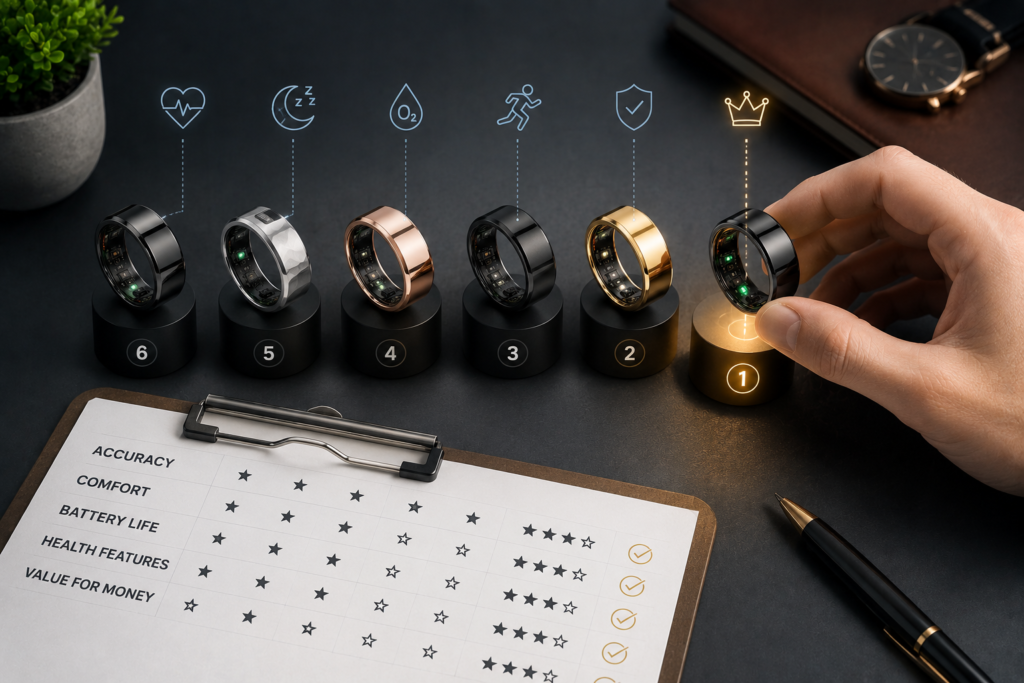 Best Blood Pressure Tracking Rings comparison showing multiple smart rings with ratings and features to help choose the right device