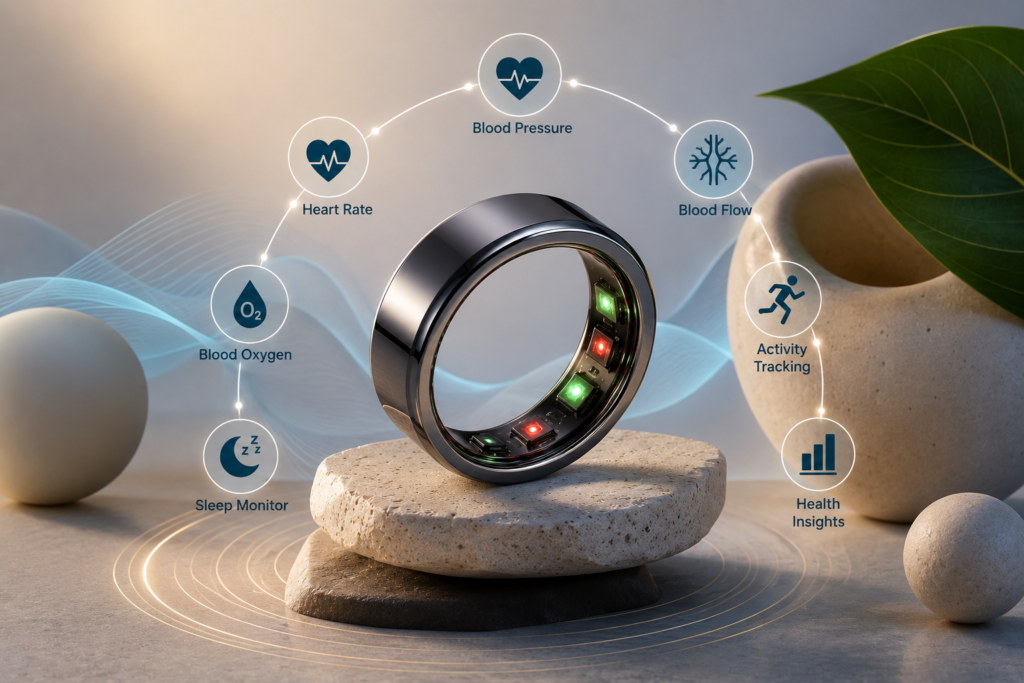 Best Blood Pressure Tracking Rings featured image showing a modern smart ring with advanced health monitoring features like heart rate and blood pressure tracking