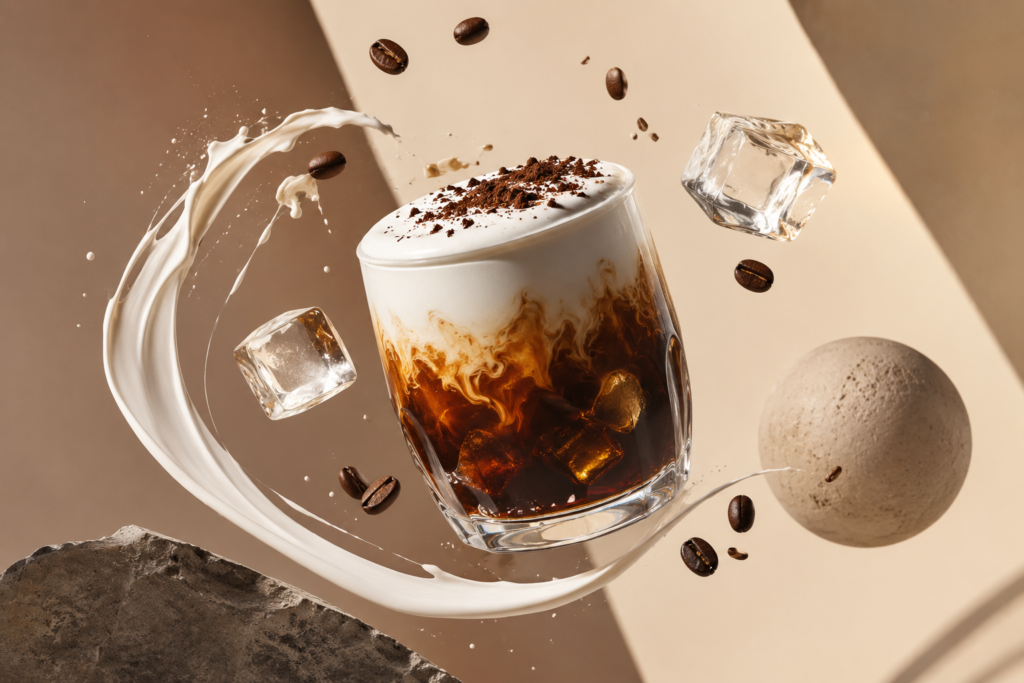 The ultimate dynamic presentation of a premium Chilled Einspänner Coffee Recipe with flying ice and milk splash