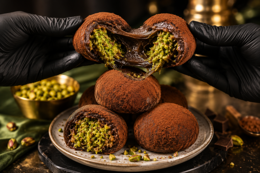 Hands wearing black gloves pulling apart a gooey Dubai Chocolate Chewy Cookie Recipe showing sticky chocolate stretch and a vibrant green crunchy pistachio core.
