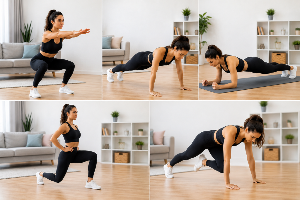 Best exercises for beginners including squats push-ups planks lunges and mountain climbers at home
