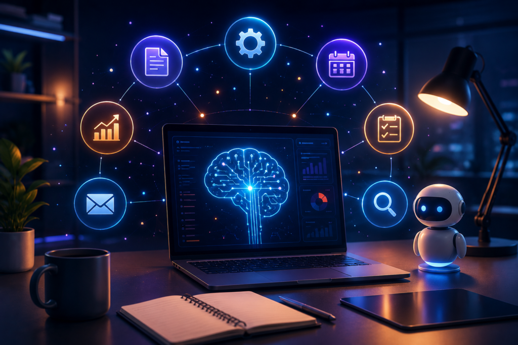 AI-powered futuristic workspace with laptop and automation icons representing best free AI tools for productivity and task management