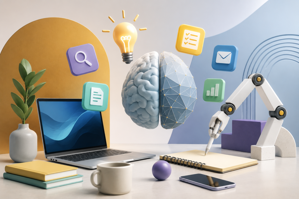 Creative 3D illustration of AI-powered workspace with human brain and automation elements representing best free AI tools for productivity