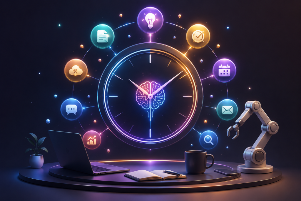 Futuristic digital workspace showing AI-powered productivity tools and automation concept representing best free AI tools for productivity