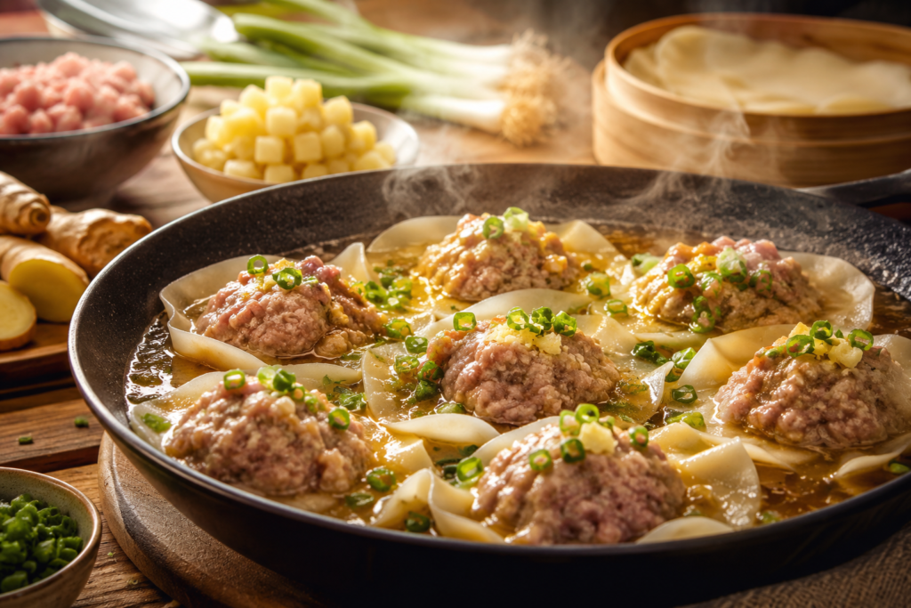 A skillet of viral open-faced soup dumplings topped with minced meat, fresh scallions, and melted savory broth aspic next to ginger and green onions.