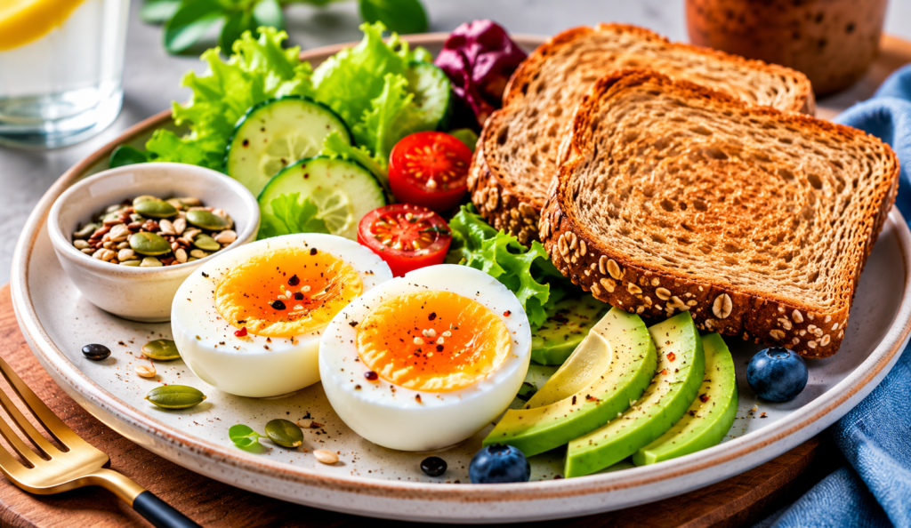 Two soft-boiled eggs sliced in half, served on a plate with whole grain toast, avocado slices, cucumber, cherry tomatoes, and mixed seeds