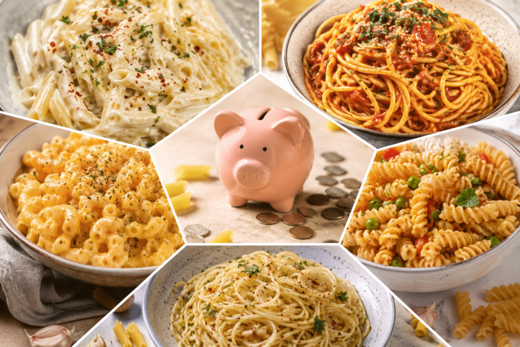 A colorful collage of five budget-friendly pasta dishes arranged around a piggy bank with coins, symbolizing saving money on food