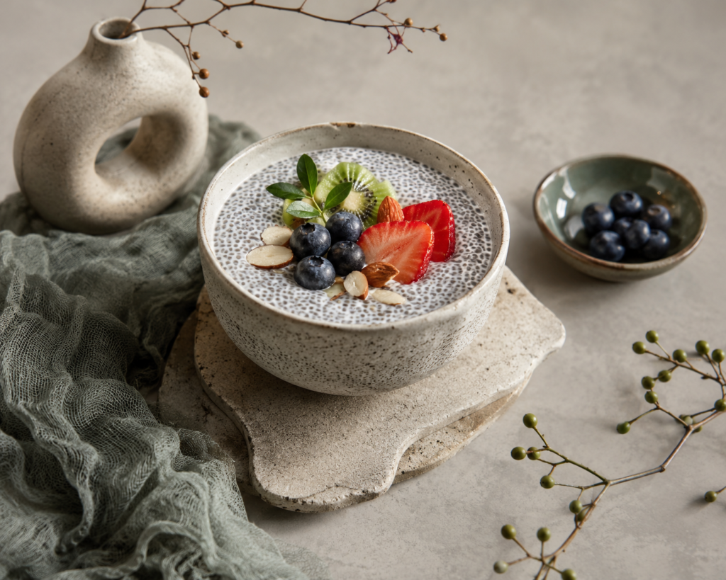 A ceramic bowl of chia seed pudding topped with sliced strawberries, kiwi, blueberries, and almonds on a rustic stone platter.
