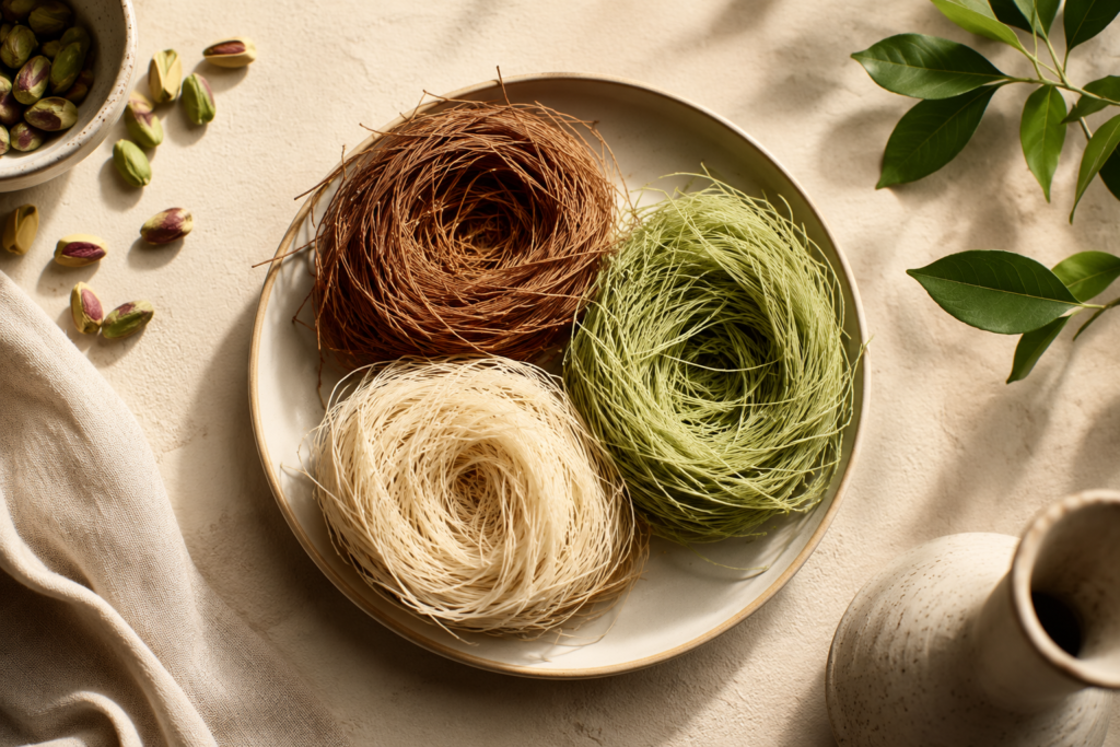 Three types of colored kataifi pastry threads on a plate for making a pistachio kataifi marshmallow cookie.
